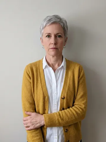 Photo of a woman in a mustard cardigan used for a Closed on Sunday AI video