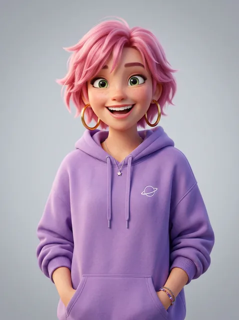 Cartoon character with pink hair used for a Hotel Lobby AI video