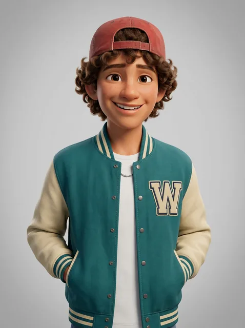 Cartoon character in a varsity jacket used for a Hotel Lobby AI video