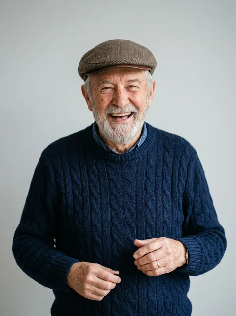 Photo of a grandfather in a flat cap used for a Hotel Lobby AI video
