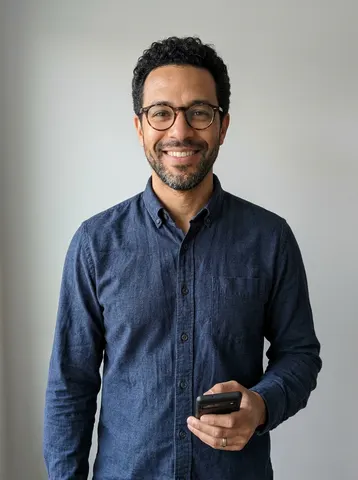 Photo of a man in glasses who sings backup on the left in an Outstanding Tiny Desk video